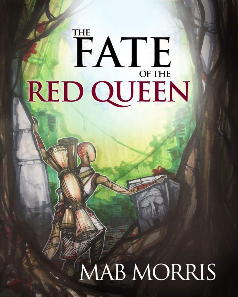 Early sketch of the Fate of the Red Queen Cover, with Kuen, and two bundles emerging from jungle stairs into light.
