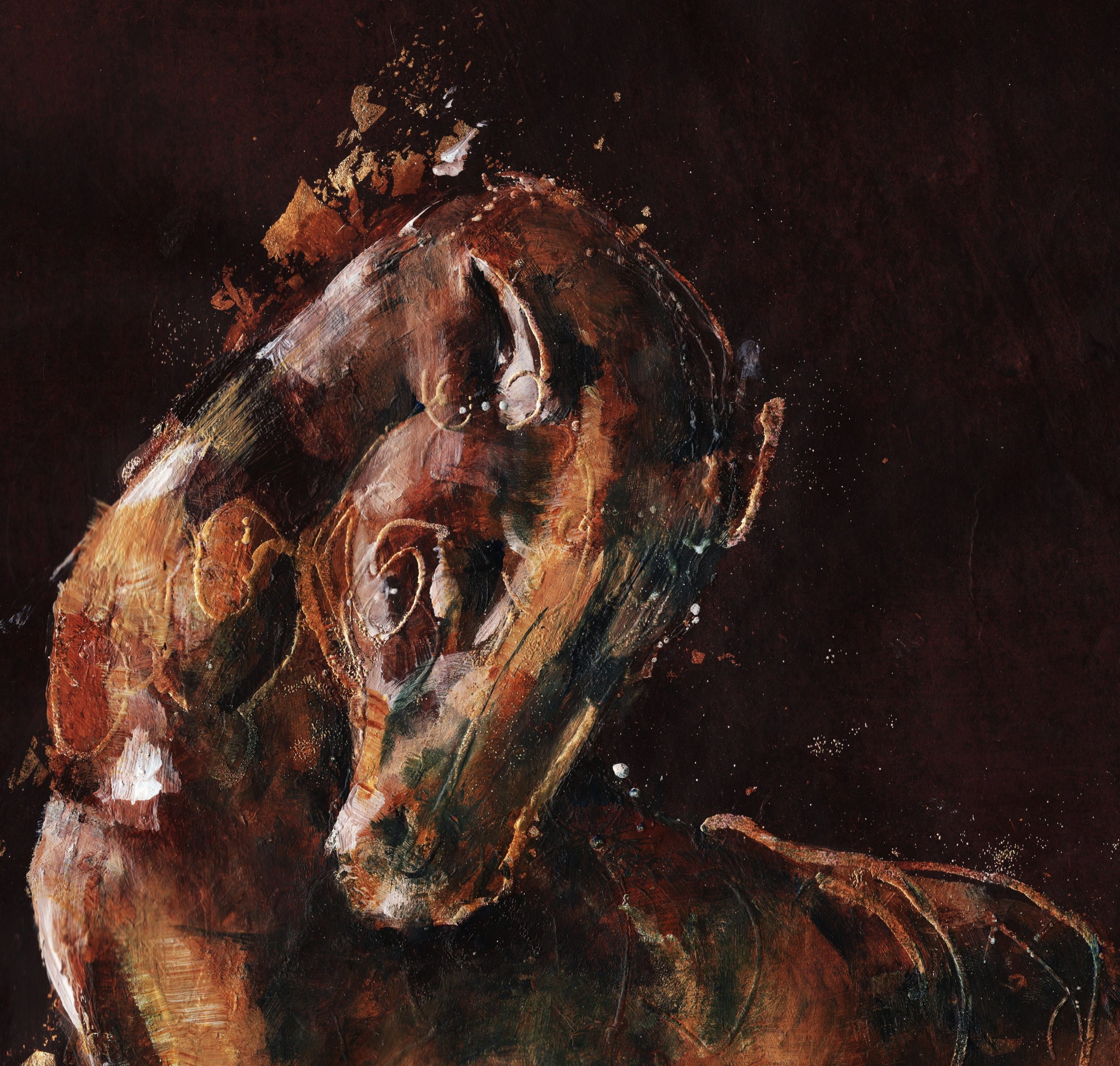 A horse painting in copper tones, moving from right to left, head arching over back towards the right.